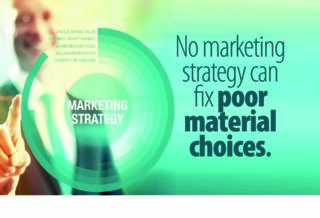 Business professional interacting with a marketing strategy graphic alongside the message “No marketing strategy can fix poor material choices,” illustrating the limits of sustainability marketing compared to material decisions.