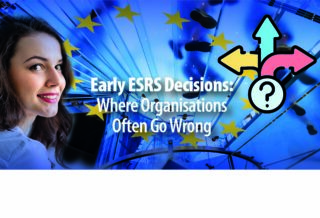 Visual showing multiple directional arrows and a question mark, symbolising early ESRS decision-making challenges for organisations under CSRD.