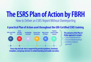 Infographic showing the ESRS Plan of Action by FBRH, a six-step process covering scope and value chain, double materiality, disclosures, assurance-ready data collection, ESRS reporting, and preparation for assurance and digital reporting.