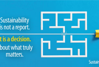 Sustainability decision-making concept showing a maze and arrow breaking through, highlighting that sustainability is about identifying what truly matters across impacts, risks, and opportunities