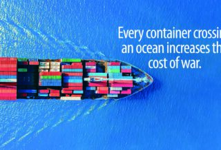 Container ship carrying global trade goods across the ocean illustrating how economic interdependence increases the cost of war.