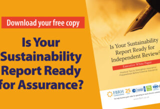 Free white paper on sustainability report assurance readiness showing a report cover and the text “Is Your Sustainability Report Ready for Assurance?” from FBRH Consultants.