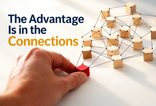 A hand positions a red block within an interconnected network of businesses, illustrating how understanding value chain relationships creates competitive advantage.