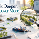 Magnifying glass highlighting a logistics operation within an interconnected business value chain, illustrating how enhanced double materiality helps identify sustainability risks and opportunities.