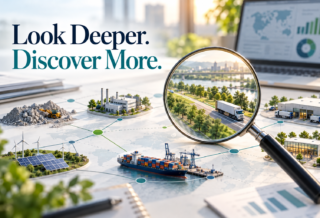 Magnifying glass highlighting a logistics operation within an interconnected business value chain, illustrating how enhanced double materiality helps identify sustainability risks and opportunities.